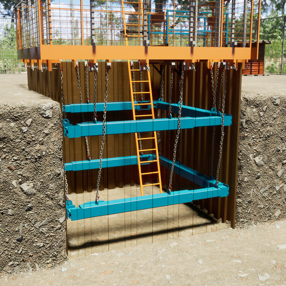 Mabey Hire manhole brace excavation frame on site