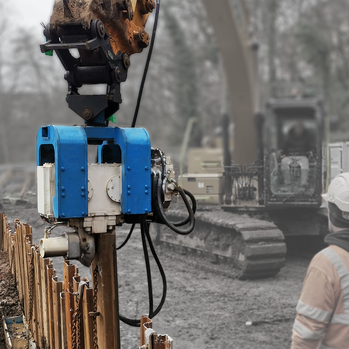 Mabey Hire excavator mounted vibrator (EMV) on site close up