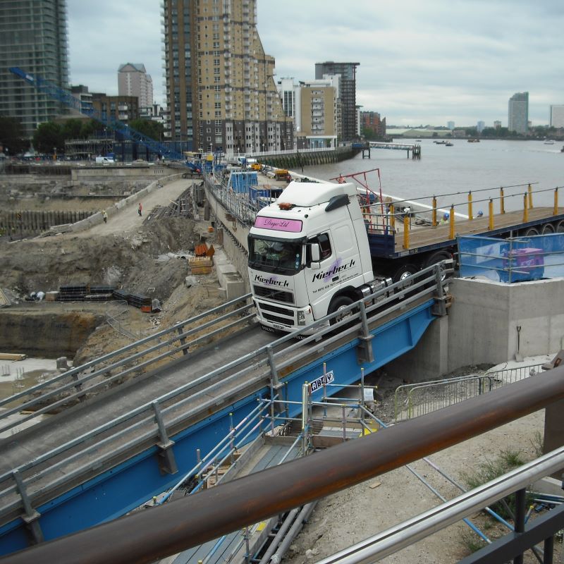 Mabey Hire vehicle beam bridge on site in canary wharf