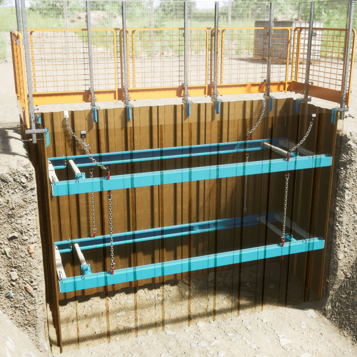 Mabey Hire aluminium waler lightweight shoring on site with edge protection